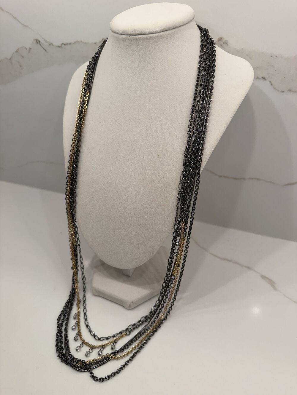 Chico's Multi Strand Mixed Metal Necklace Gunmetal Gold Crystal Dangles 78g